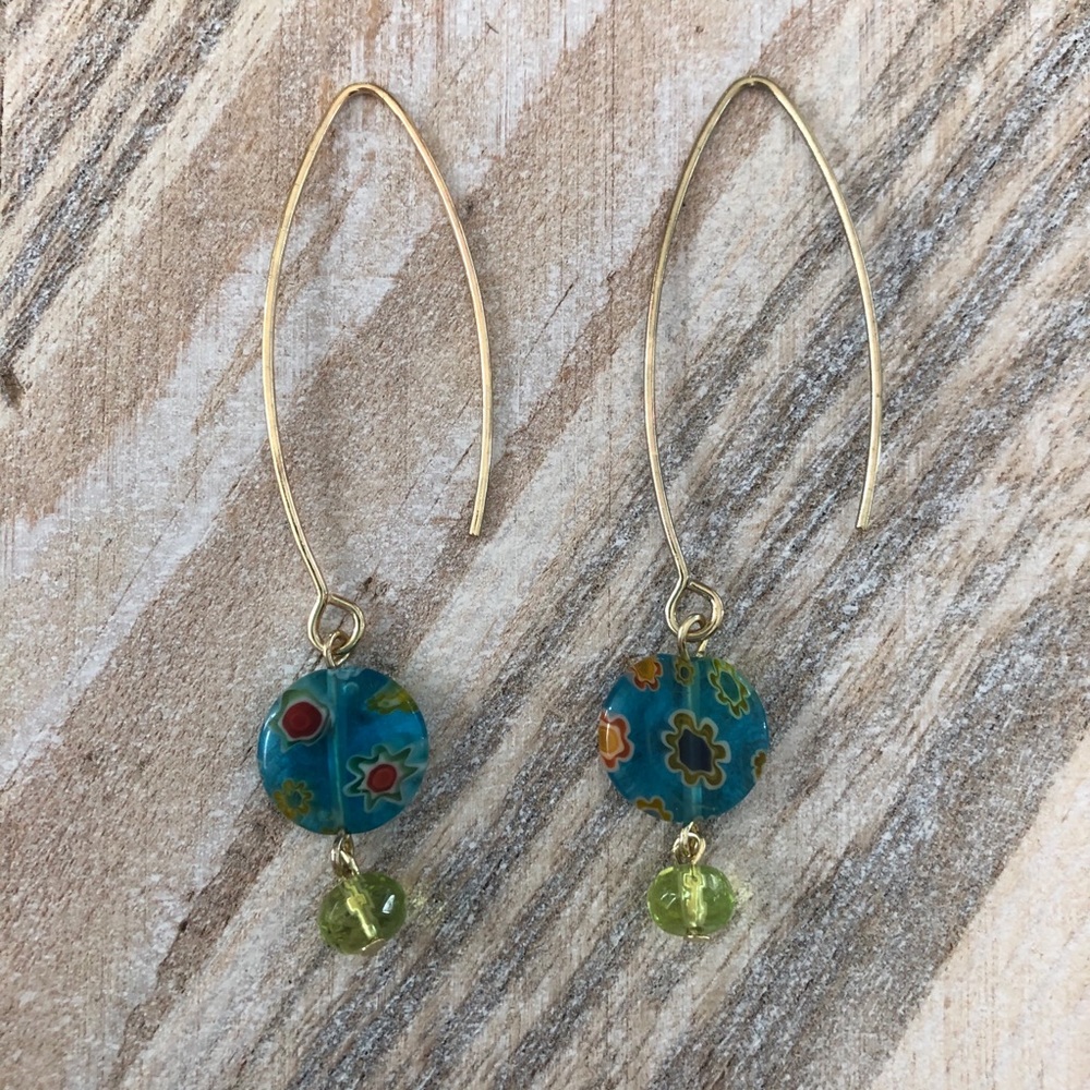 Blue glass floral gold hook earrings